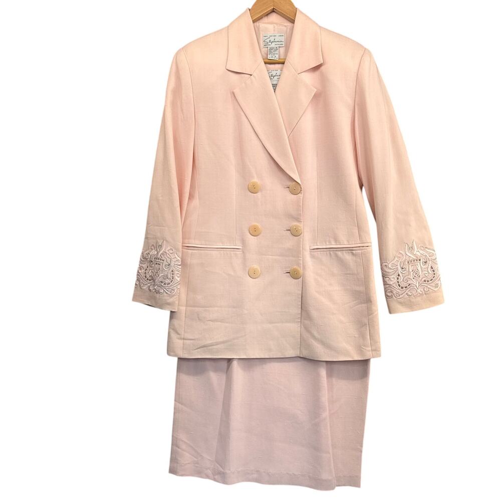 Stephanie Vintage 100% Silk Pink 3 Piece Double Breasted Skirt Suit Set Women 8